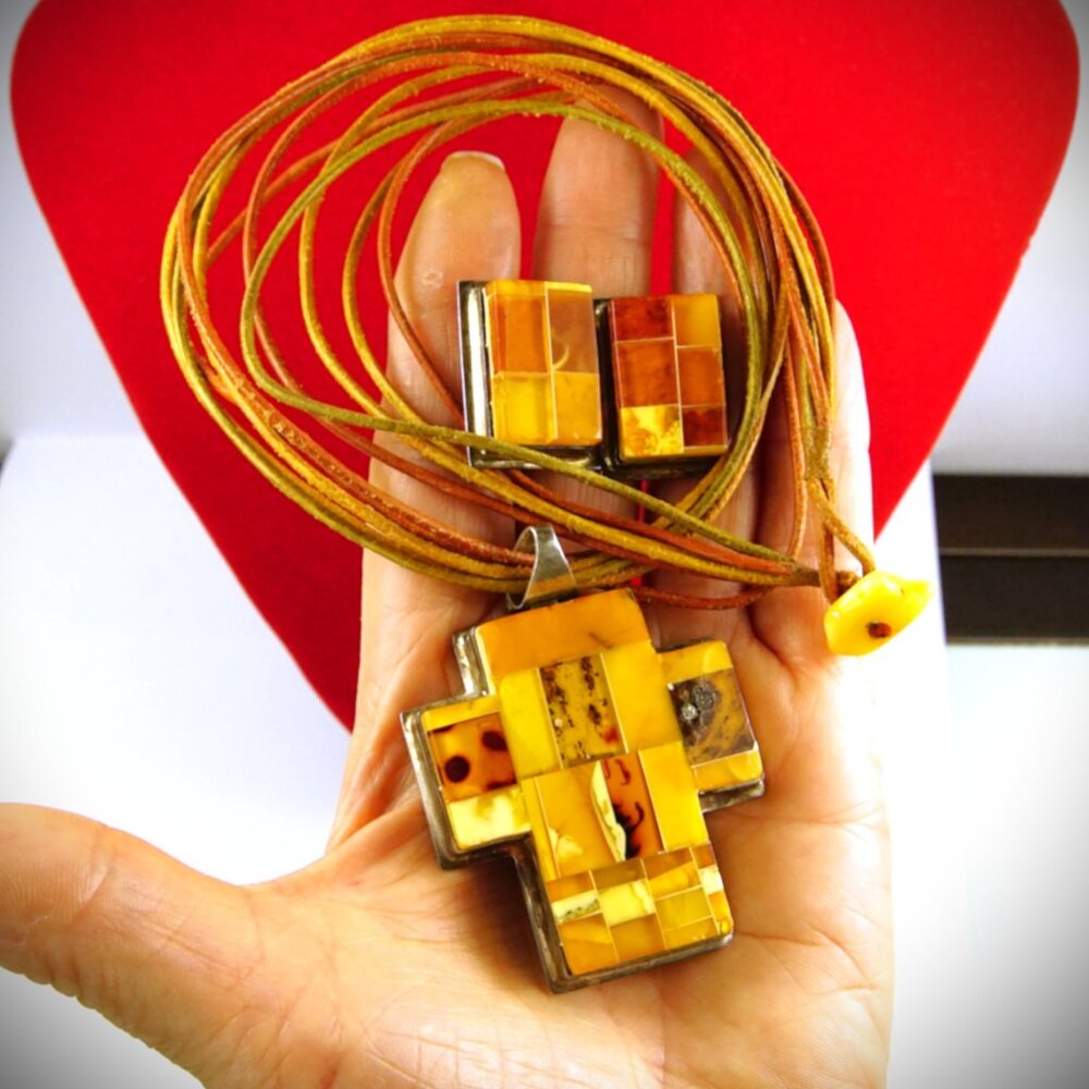 925 Silver and Mosaic Baltic Amber Set: Cross, Earrings, Multi Leather Cord - Picture 4 of 13